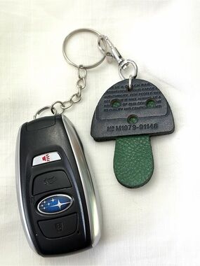 Upcycled COACH Green and Navy Mushroom Leather Key Tag